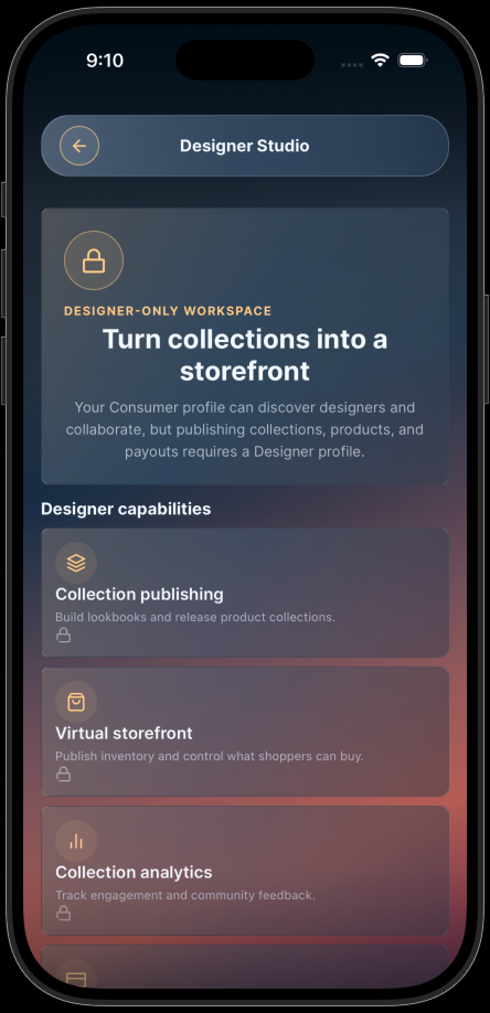 DRIP Designer Studio showing collection publishing, virtual storefront, and analytics capabilities