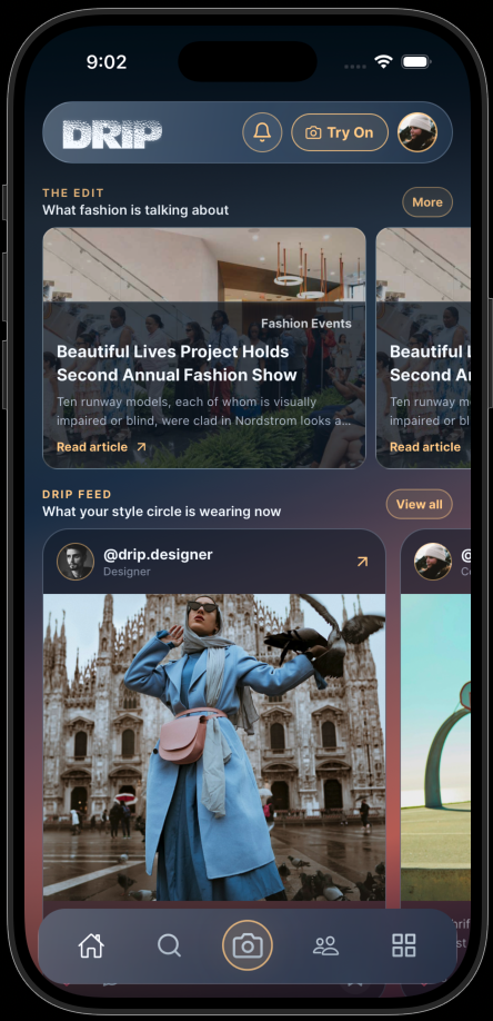 Main DRIP home feed showing fashion editorial stories and community creator posts