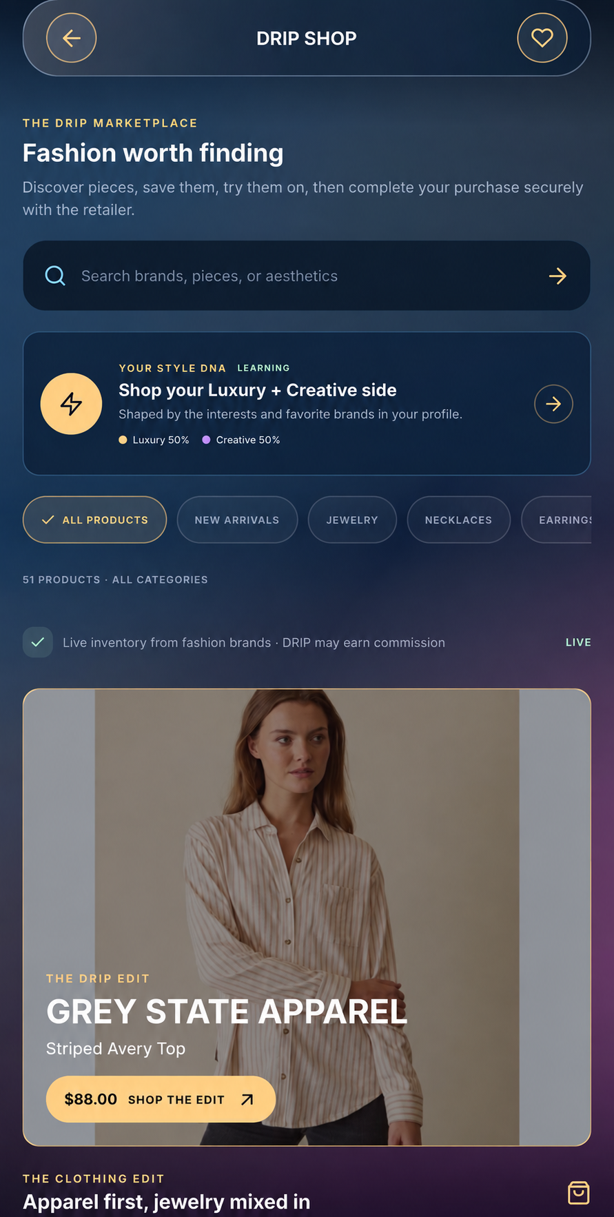 DRIP Shop marketplace with personalized Style DNA recommendations and live fashion inventory