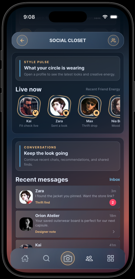 DRIP Social Closet screen showing live community profiles and conversations